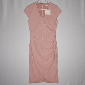 Showpo Dress 8 Women Blush Pink Midi Short Sleeve VNeck Ruched Stretch Sheath